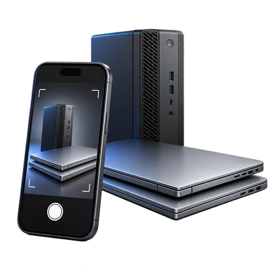 Een telefoon fotografeert een stapel laptops en een desktopcomputer.