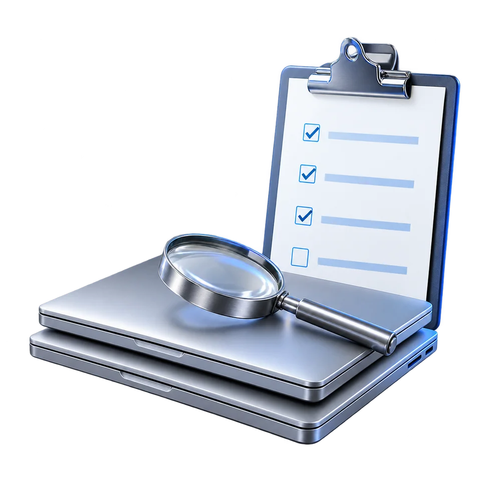 Laptops naast een controlelijst en een vergrootglas voor de beoordeling van hardware.