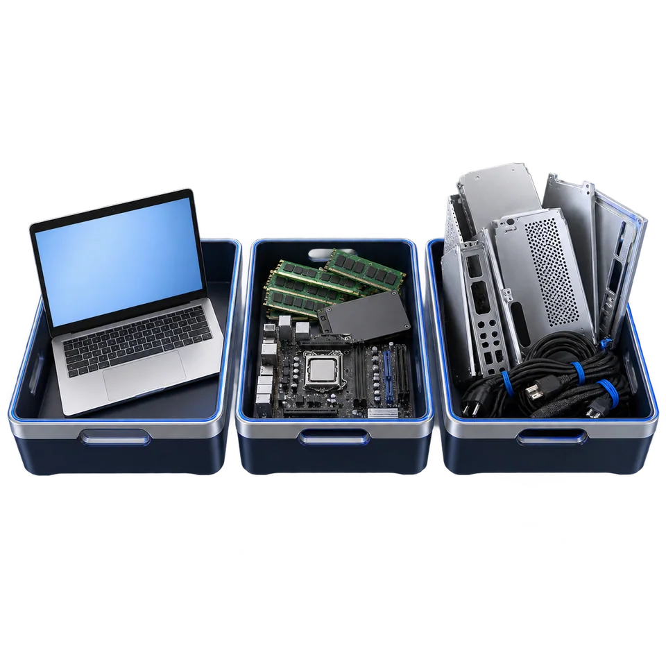 Drie bakken met een bruikbare laptop, losse computeronderdelen en materiaal voor recycling.