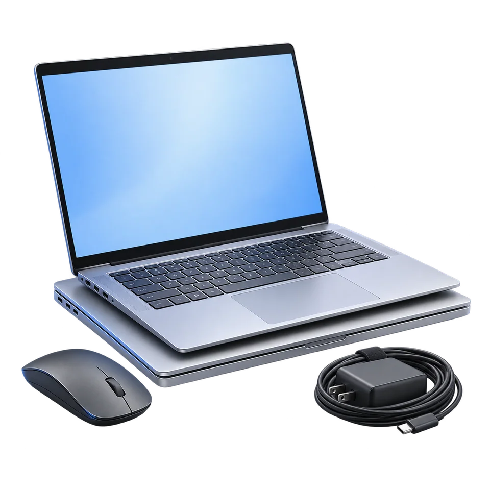 Een opgeknapte laptop met muis en oplader, klaar om opnieuw te worden gebruikt.