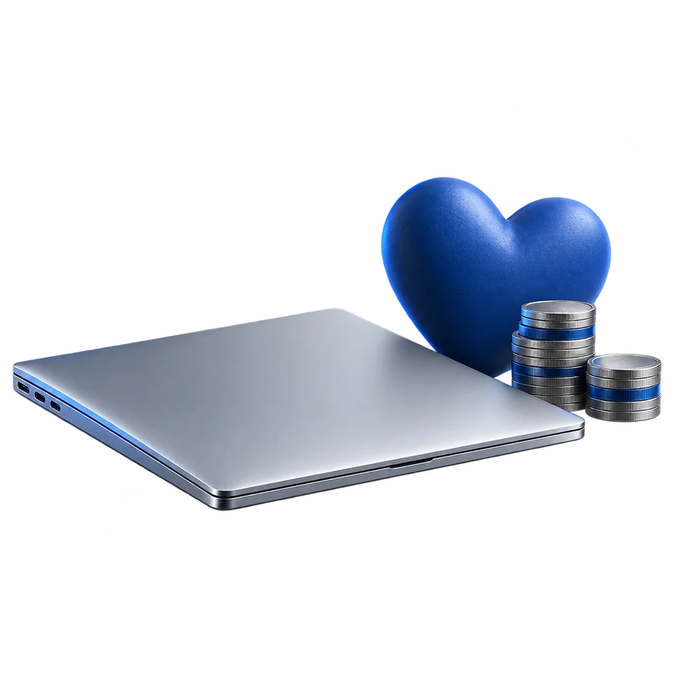 Een laptop naast munten en een blauw hart verbeeldt de bijdrage aan een lokaal goed doel.